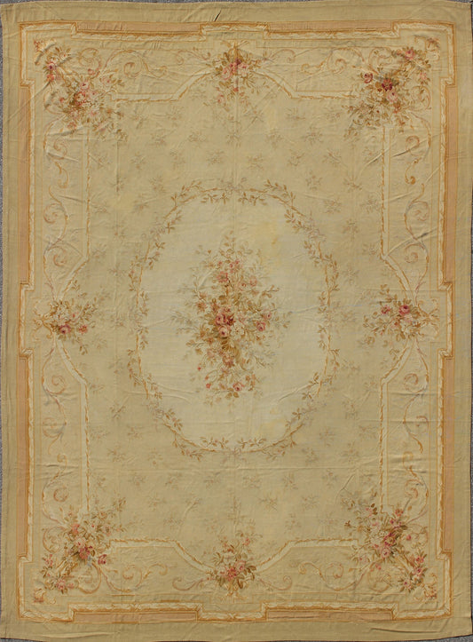 Antique French Aubusson Carpet with Romantic Motifs and Delicate Color Palette. Antique Large French Aubusson Carpet with Romantic Motifs and Delicate Color Palette. This elegant antique Aubusson carpet is a resplendent example of the lush architect... - Keivan Woven Arts16 - 1107 - 8706Rug