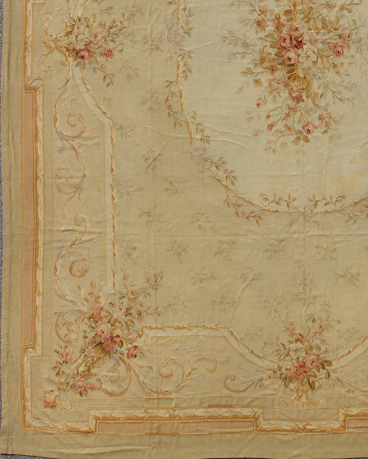 Antique French Aubusson Carpet with Romantic Motifs and Delicate Color Palette. Antique Large French Aubusson Carpet with Romantic Motifs and Delicate Color Palette. This elegant antique Aubusson carpet is a resplendent example of the lush architect... - Keivan Woven Arts16 - 1107 - 8706Rug