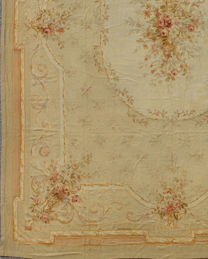 Antique French Aubusson Carpet with Romantic Motifs and Delicate Color Palette. Antique Large French Aubusson Carpet with Romantic Motifs and Delicate Color Palette. This elegant antique Aubusson carpet is a resplendent example of the lush architect... - Keivan Woven Arts16 - 1107 - 8706Rug