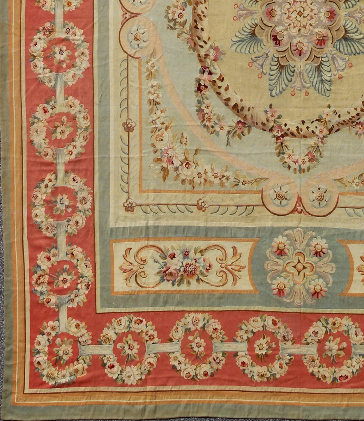 Gorgeous Antique French Aubusson Medallion Carpet with Garlands of Roses and Intricate Design Some of the finest European tapestries and carpets have been woven in Aubusson in central France since the 17th century. This piece dates to the late 19th ... - Keivan Woven Arts16 - 1202 - 8710Rug