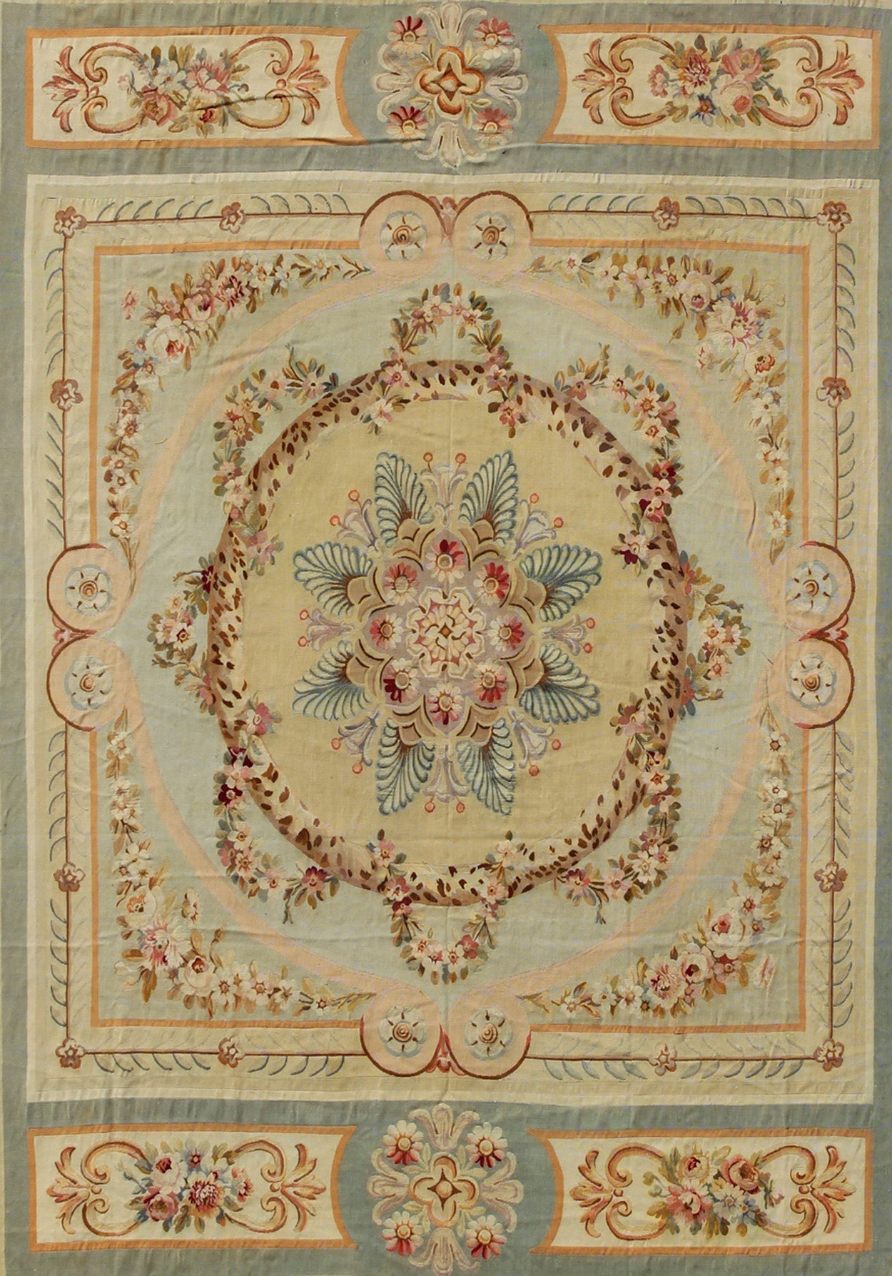 Gorgeous Antique French Aubusson Medallion Carpet with Garlands of Roses and Intricate Design Some of the finest European tapestries and carpets have been woven in Aubusson in central France since the 17th century. This piece dates to the late 19th ... - Keivan Woven Arts16 - 1202 - 8710Rug