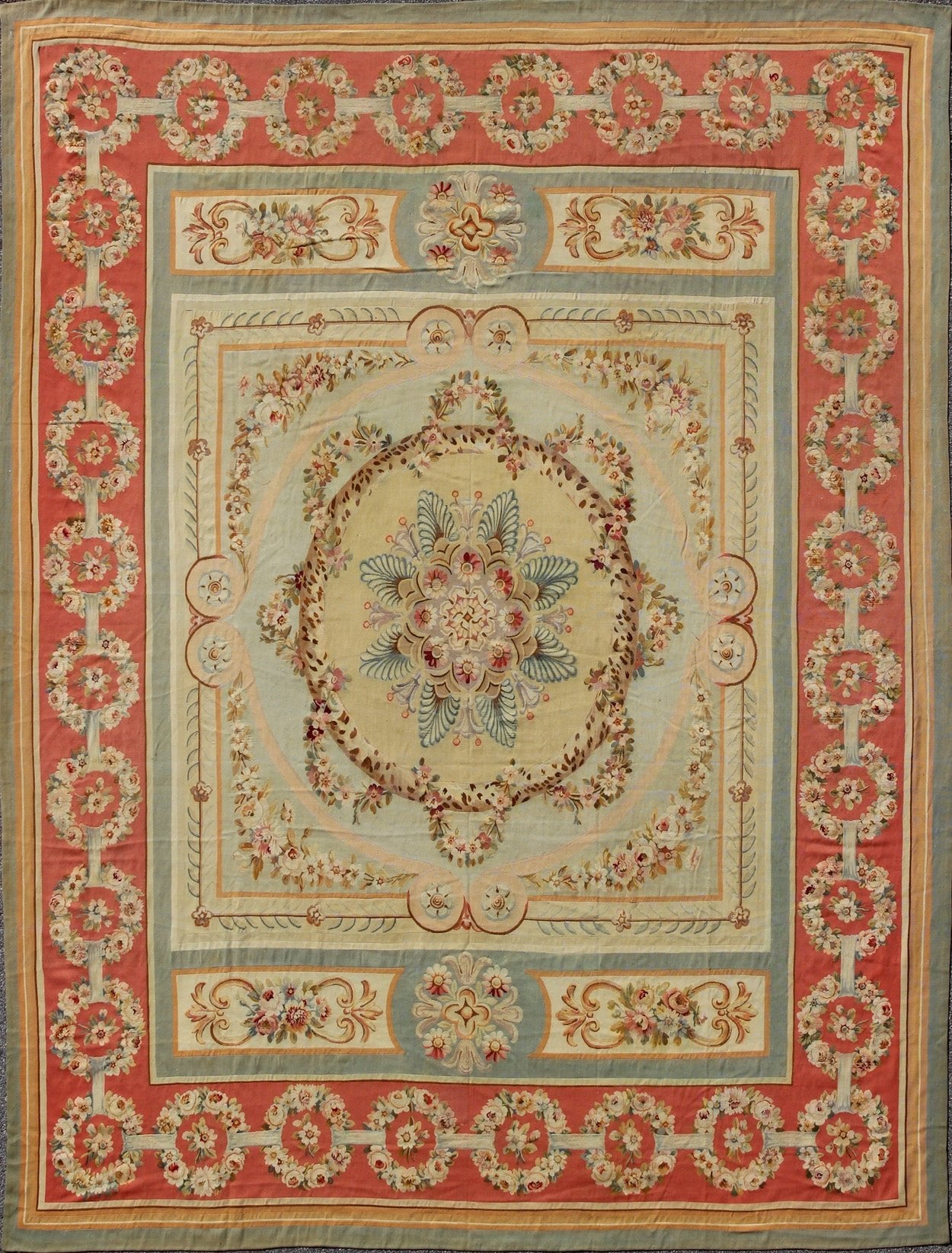 Gorgeous Antique French Aubusson Medallion Carpet with Garlands of Roses and Intricate Design Some of the finest European tapestries and carpets have been woven in Aubusson in central France since the 17th century. This piece dates to the late 19th ... - Keivan Woven Arts16 - 1202 - 8710Rug