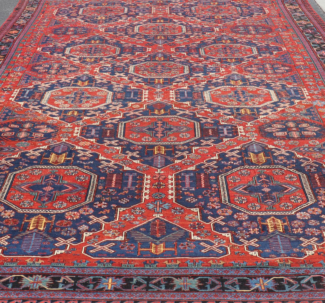 Large Caucasian Sumack Carpet with Geometric Pattern, rug 16 - 1204, This magnificent antique Caucasian Sumak rug features an all - over pattern that lends itself well to the detailed weft - wrapped weaving technique known as Soumak. All - over medallions, ... - Keivan Woven Arts16 - 1204 - 8115Rug