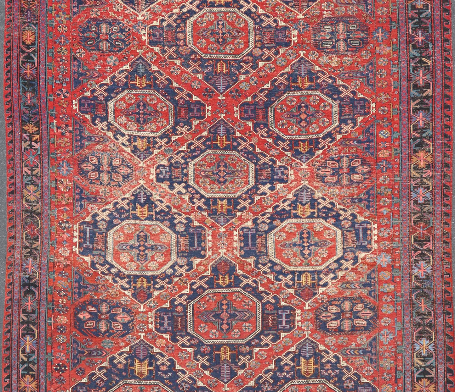 Large Caucasian Sumack Carpet with Geometric Pattern, rug 16 - 1204, This magnificent antique Caucasian Sumak rug features an all - over pattern that lends itself well to the detailed weft - wrapped weaving technique known as Soumak. All - over medallions, ... - Keivan Woven Arts16 - 1204 - 8115Rug