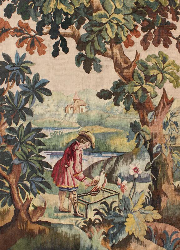 Antique French Aubusson Tapestry with Woodland Scene Surrounded by Floral Border This enchanting antique Aubusson tapestry beautifully illustrates the remarkable sense of depth and richness that was perfected by French artisans of the 19th centu... - Keivan Woven Arts17 - 0102 - 8157Rug