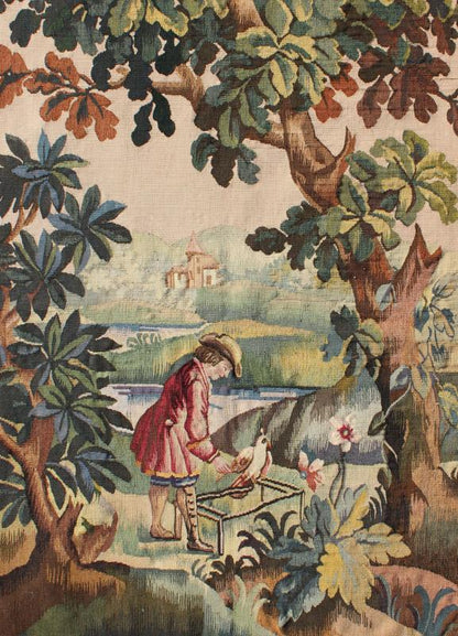 Antique French Aubusson Tapestry with Woodland Scene Surrounded by Floral Border This enchanting antique Aubusson tapestry beautifully illustrates the remarkable sense of depth and richness that was perfected by French artisans of the 19th centu... - Keivan Woven Arts17 - 0102 - 8157Rug