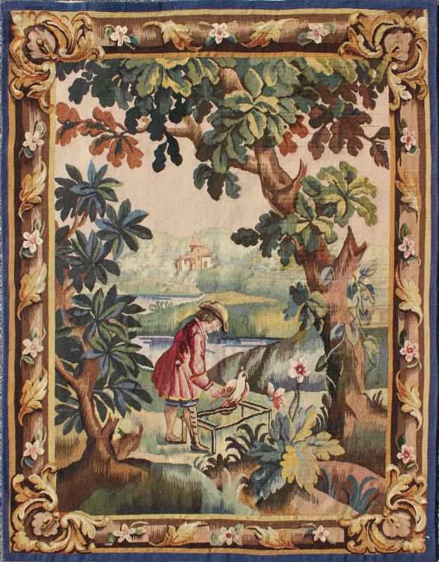 Antique French Aubusson Tapestry with Woodland Scene Surrounded by Floral Border This enchanting antique Aubusson tapestry beautifully illustrates the remarkable sense of depth and richness that was perfected by French artisans of the 19th centu... - Keivan Woven Arts17 - 0102 - 8157Rug