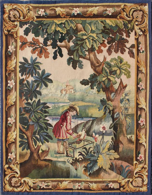 Antique French Aubusson Tapestry with Woodland Scene Surrounded by Floral Border This enchanting antique Aubusson tapestry beautifully illustrates the remarkable sense of depth and richness that was perfected by French artisans of the 19th centu... - Keivan Woven Arts17 - 0102 - 8157Rug