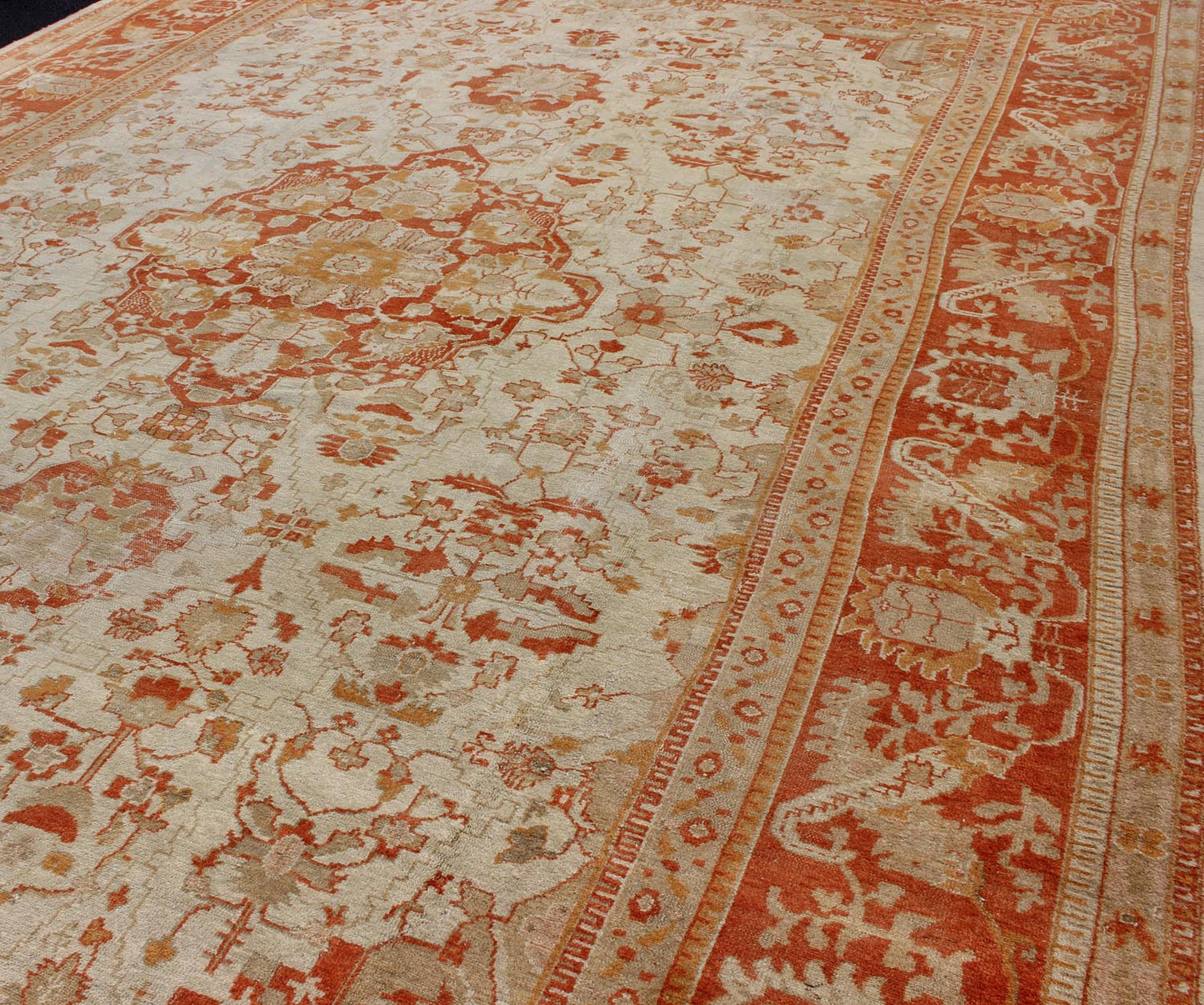 Antique Turkish Floral Oushak Rug in Cream, Rust Red, Orange and Green. Keivan Woven Arts/ Rug 17 - 0103, Origin/Turkey. This finely woven antique large Oushak rug displays an intricate floral design. Set on light Ivory background and rusty red borde... - Keivan Woven Arts17 - 0103 - 8215Rug