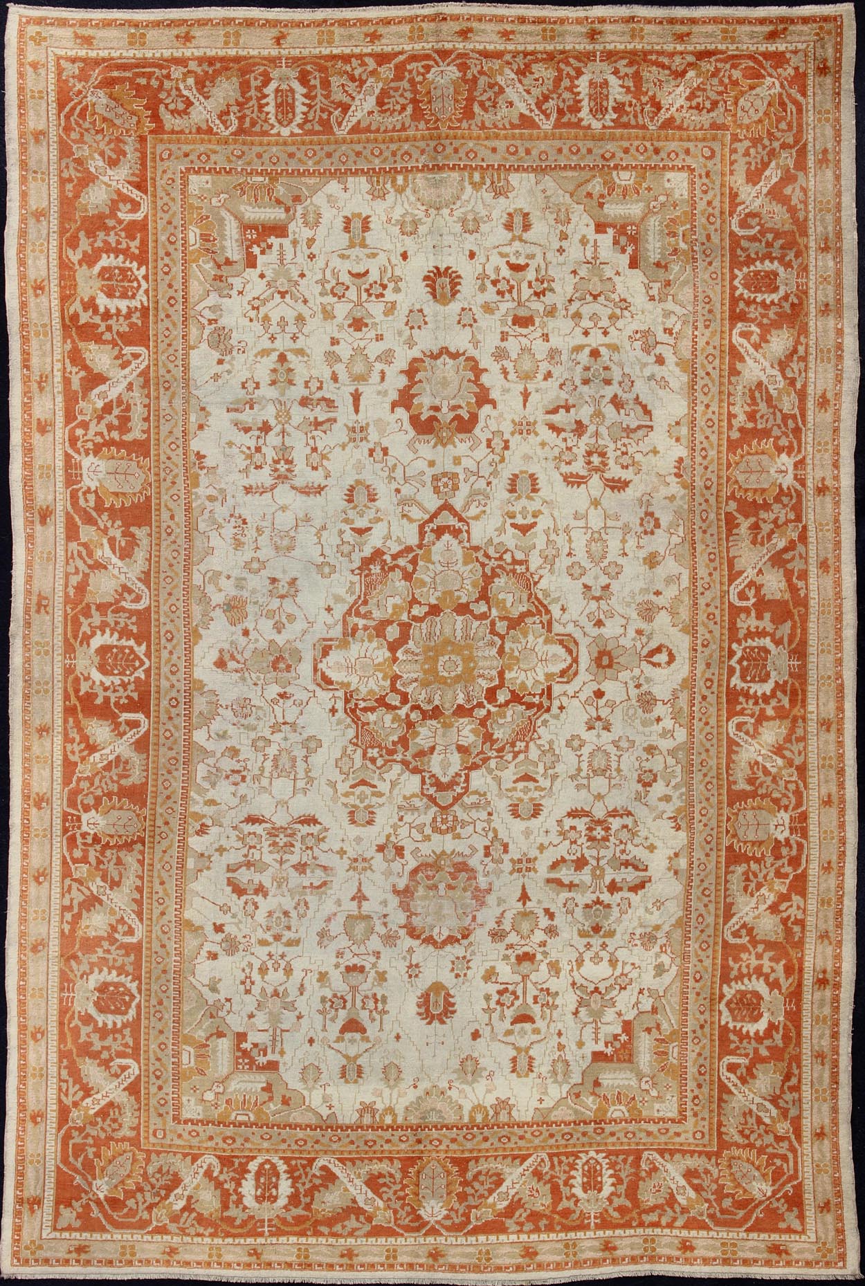Antique Turkish Floral Oushak Rug in Cream, Rust Red, Orange and Green. Keivan Woven Arts/ Rug 17 - 0103, Origin/Turkey. This finely woven antique large Oushak rug displays an intricate floral design. Set on light Ivory background and rusty red borde... - Keivan Woven Arts17 - 0103 - 8215Rug