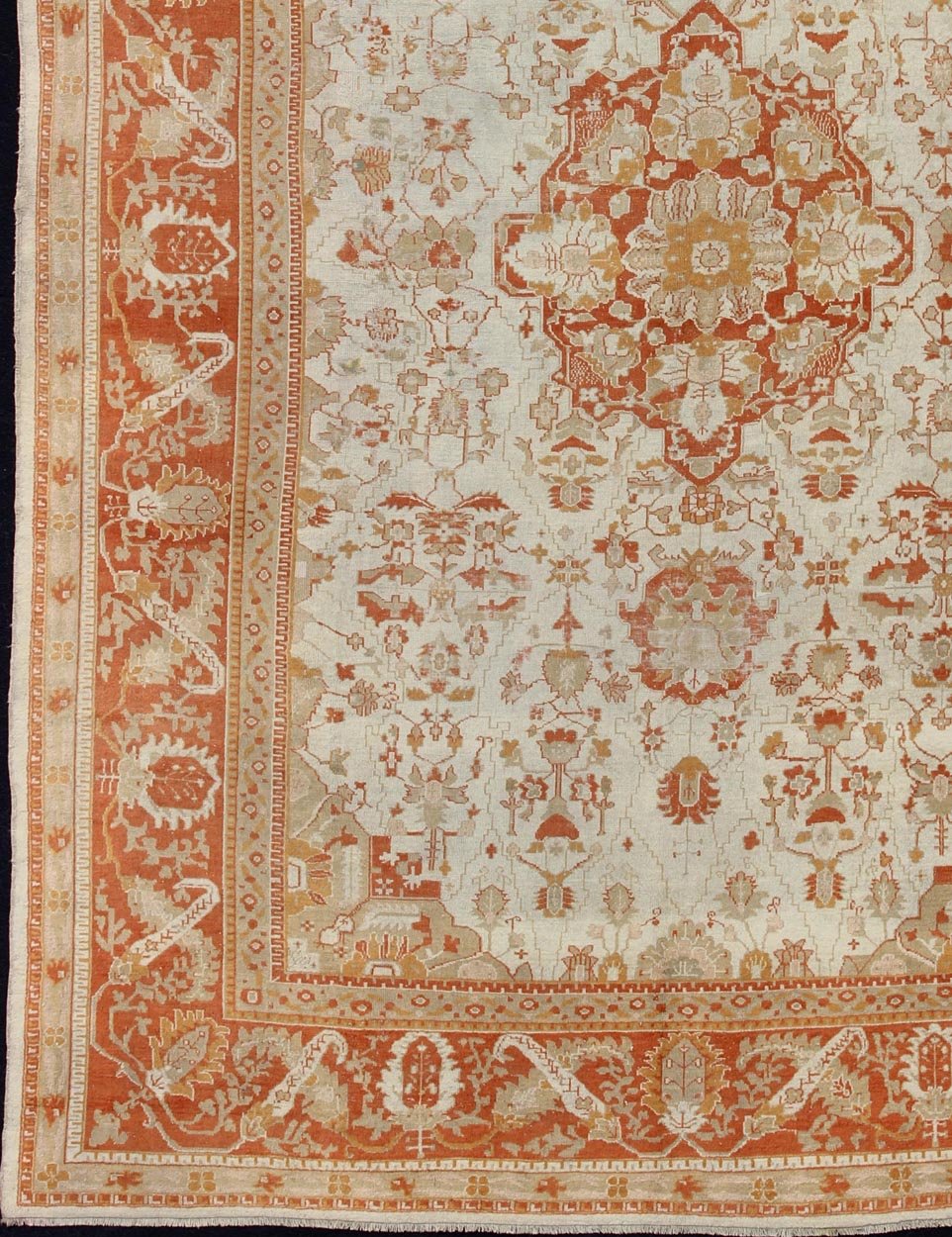 Antique Turkish Floral Oushak Rug in Cream, Rust Red, Orange and Green. Keivan Woven Arts/ Rug 17 - 0103, Origin/Turkey. This finely woven antique large Oushak rug displays an intricate floral design. Set on light Ivory background and rusty red borde... - Keivan Woven Arts17 - 0103 - 8215Rug