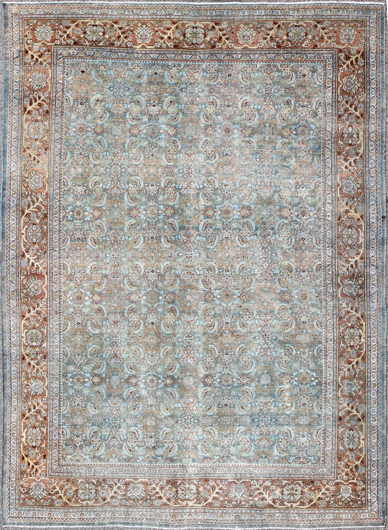 Antique Persian Sultanabad rug with all - over design in light blue and burnt orange, rug 17 - 0104, country of origin / type: Iran / Sultanabad, circa 1900 This beautiful and large antique Persian Sultanabad rug displays a gorgeous, all - over Sub - ge... - Keivan Woven Arts17 - 0104 - 8714Rug