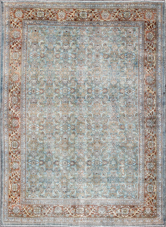 Antique Persian Sultanabad rug with all - over design in light blue and burnt orange, rug 17 - 0104, country of origin / type: Iran / Sultanabad, circa 1900 This beautiful and large antique Persian Sultanabad rug displays a gorgeous, all - over Sub - ge... - Keivan Woven Arts17 - 0104 - 8714Rug