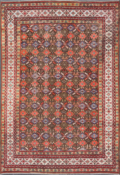 Antique Kurdish rug with brown, red, and blue geometric floral design. Keivan Woven Arts / rug 17 - 0201, country of origin / type: Iran / Kurdish, Early 19th Century, possible late 18th century. Measures: 12'3 x 17'6. This 19th century antique K... - Keivan Woven Arts17 - 0201 - 8205Rug