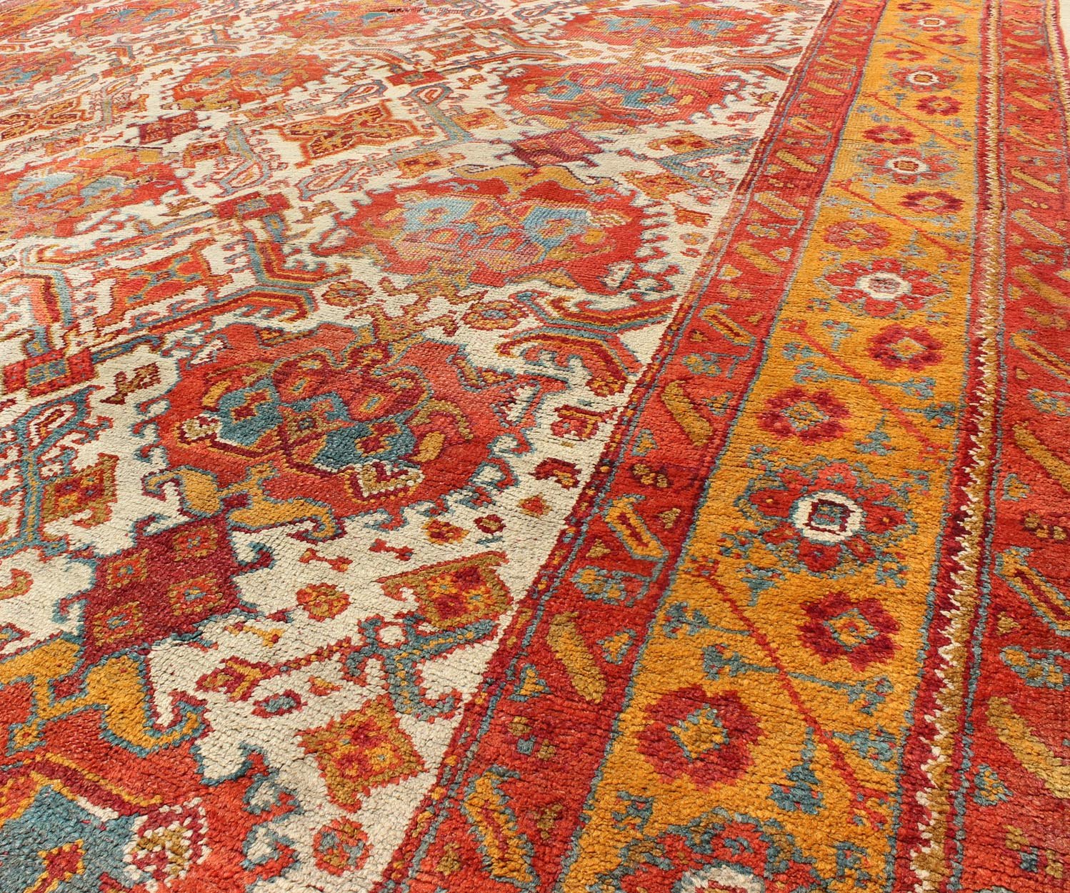 Antique Turkish Oushak Rug with Multi - Medallions in Ivory, Orange, Red & Blue Antique Turkish Oushak Rug with Multi - Medallions in Ivory, Orange, Red & Blue and gray, rug 17 - 0202, country of origin / type: Turkey / Oushak, circa 1900 Mea... - Keivan Woven Arts17 - 0202 - 8718Rug