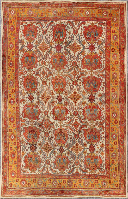 Antique Turkish Oushak Rug with Multi - Medallions in Ivory, Orange, Red & Blue Antique Turkish Oushak Rug with Multi - Medallions in Ivory, Orange, Red & Blue and gray, rug 17 - 0202, country of origin / type: Turkey / Oushak, circa 1900 Mea... - Keivan Woven Arts17 - 0202 - 8718Rug