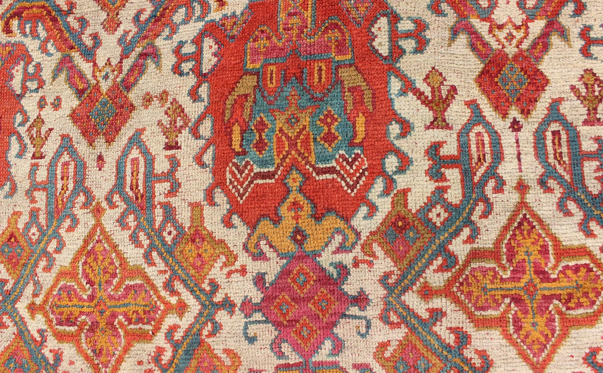 Antique Turkish Oushak Rug with Multi - Medallions in Ivory, Orange, Red & Blue Antique Turkish Oushak Rug with Multi - Medallions in Ivory, Orange, Red & Blue and gray, rug 17 - 0202, country of origin / type: Turkey / Oushak, circa 1900 Mea... - Keivan Woven Arts17 - 0202 - 8718Rug