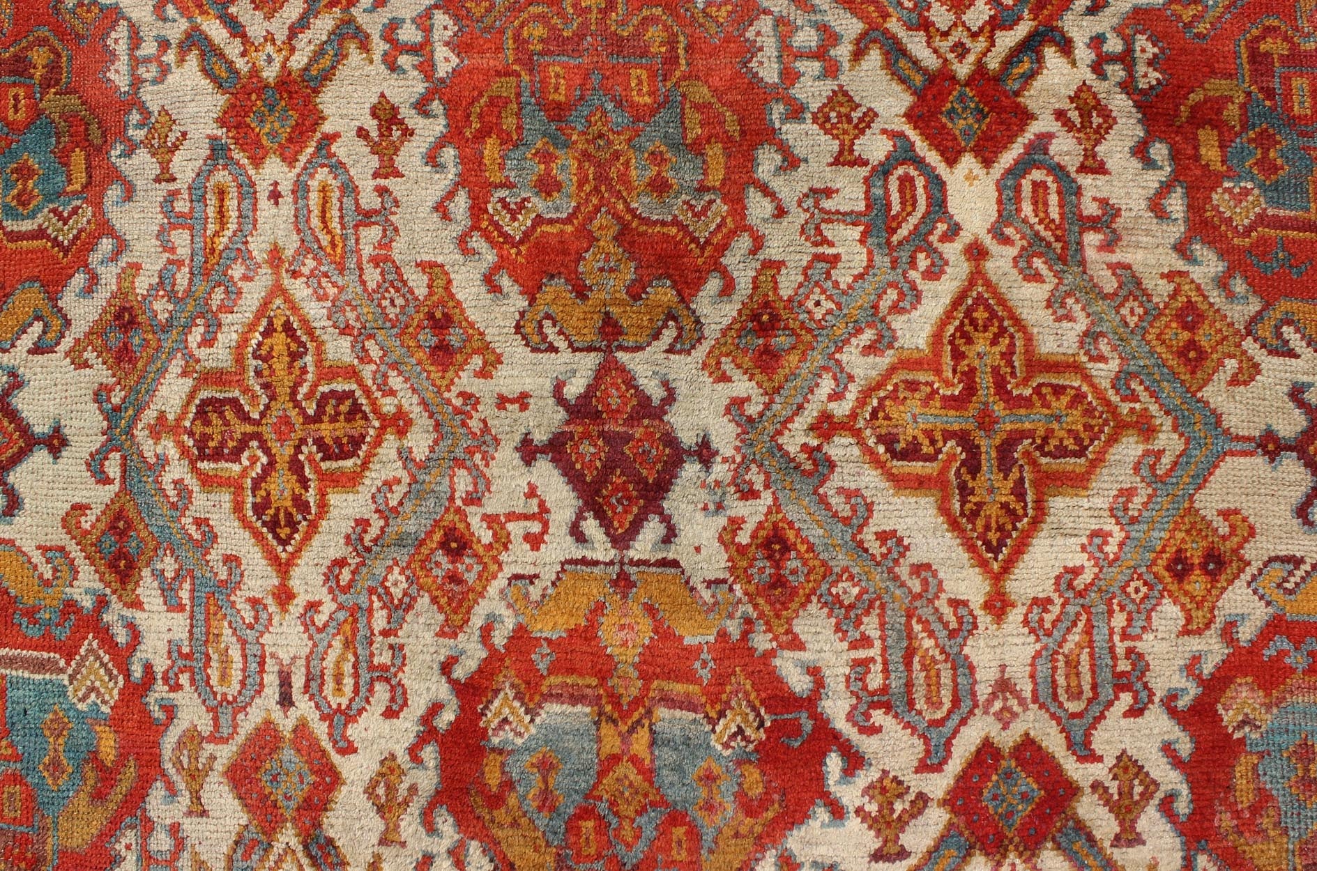 Antique Turkish Oushak Rug with Multi - Medallions in Ivory, Orange, Red & Blue Antique Turkish Oushak Rug with Multi - Medallions in Ivory, Orange, Red & Blue and gray, rug 17 - 0202, country of origin / type: Turkey / Oushak, circa 1900 Mea... - Keivan Woven Arts17 - 0202 - 8718Rug