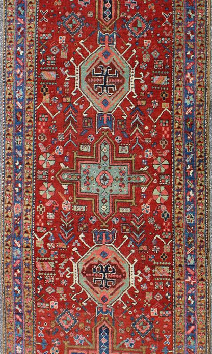 Antique Heriz Serapi Runner with Colorful Highly Stylized Geometric Design Antique Serapi Heriz Runner with Colorful Geometric Design rug/17 - 0203, origin/iran kwarugs This magnificent Heriz runner from the early 20th century bears an exqu... - Keivan Woven Arts17 - 0203 - 8433Rug