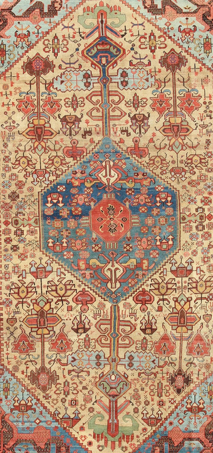 3rd Quarter 19th Century Antique Persian Bakshaish Rug with Tribal Medallion Design in gold, blue, charcoal. antique Bakhshaish Persian rug A rare 3rd quarter 19th century antique Persian Bakshaish rug with Medallion design, rug 17 - 0301, countr... - Keivan Woven Arts17 - 0301 - 8724Rug