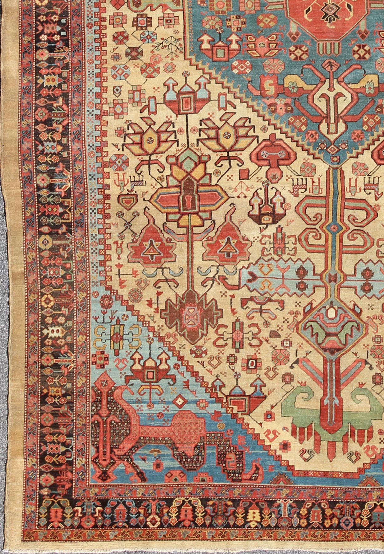 3rd Quarter 19th Century Antique Persian Bakshaish Rug with Tribal Medallion Design in gold, blue, charcoal. antique Bakhshaish Persian rug A rare 3rd quarter 19th century antique Persian Bakshaish rug with Medallion design, rug 17 - 0301, countr... - Keivan Woven Arts17 - 0301 - 8724Rug