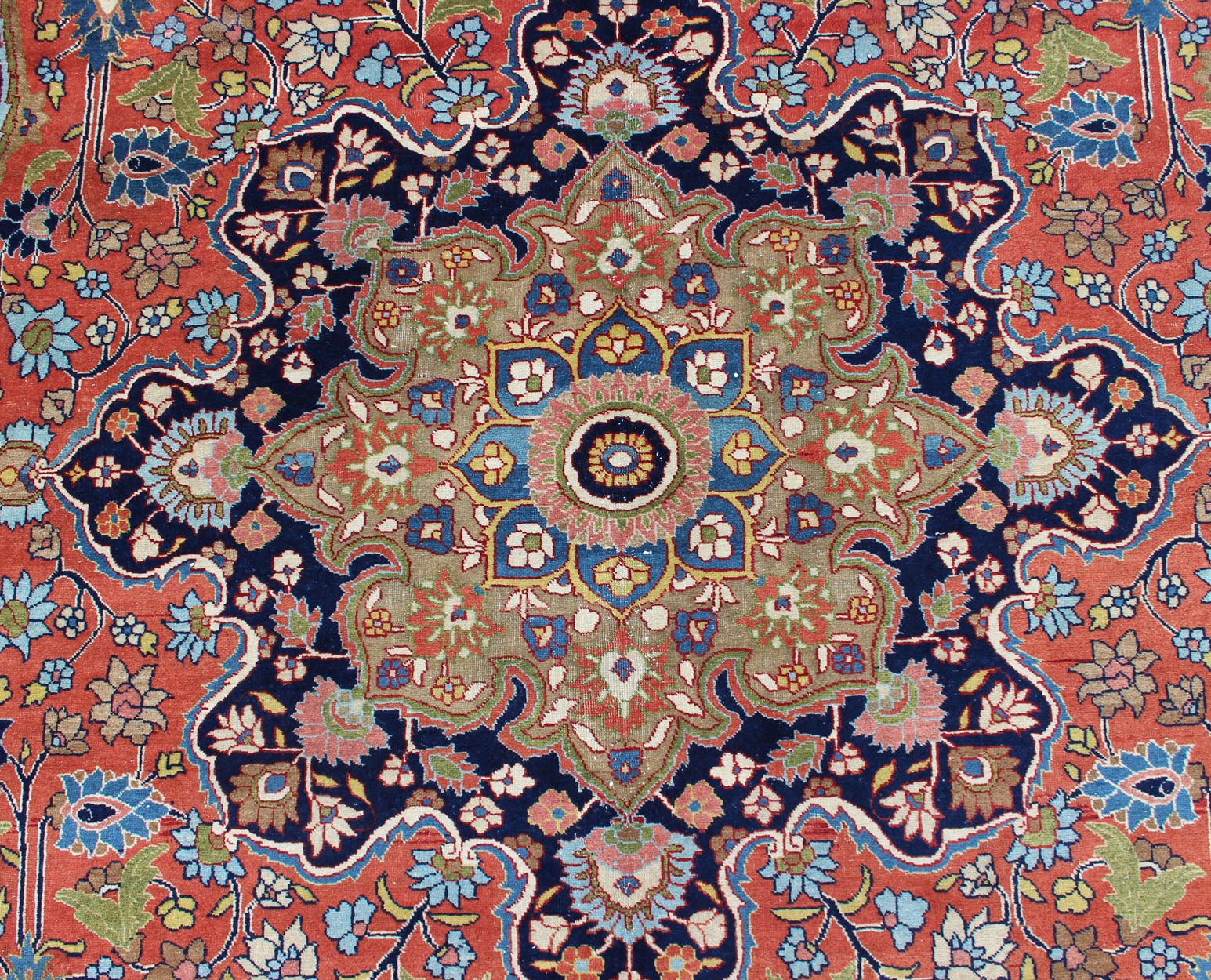 Finely woven antique Tabriz rug with circular, script - style medallion and orange field, Keivan Woven Arts/ rug / 17 - 0304. Classic Persian rug, traditional Persian rug, traditional Tabriz. Measures: 10'1 x 14'2 This spectacular and colorful Persia... - Keivan Woven Arts17 - 0304 - 8453Rug