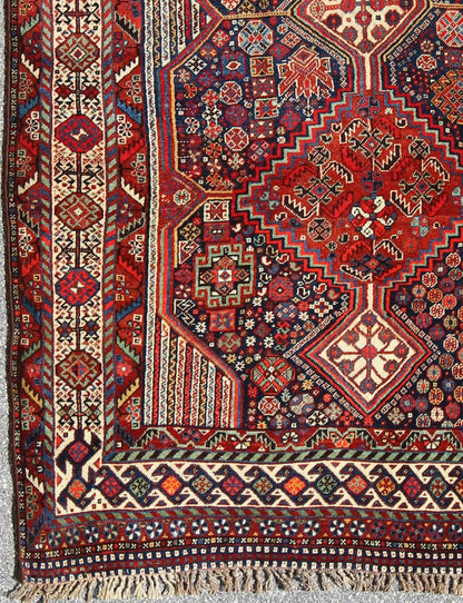 Antique Persian Qashqai Shiraz Tribal Rug with Hooked Diamond Design, rug 17 - 0305, country of origin / type: Iran / Qashqai, circa 1900. The Qashgai nomads are found in the Fars province in southwest Iran. They move twice a year, between the winter pas... - Keivan Woven Arts17 - 0305 - 8459Rug