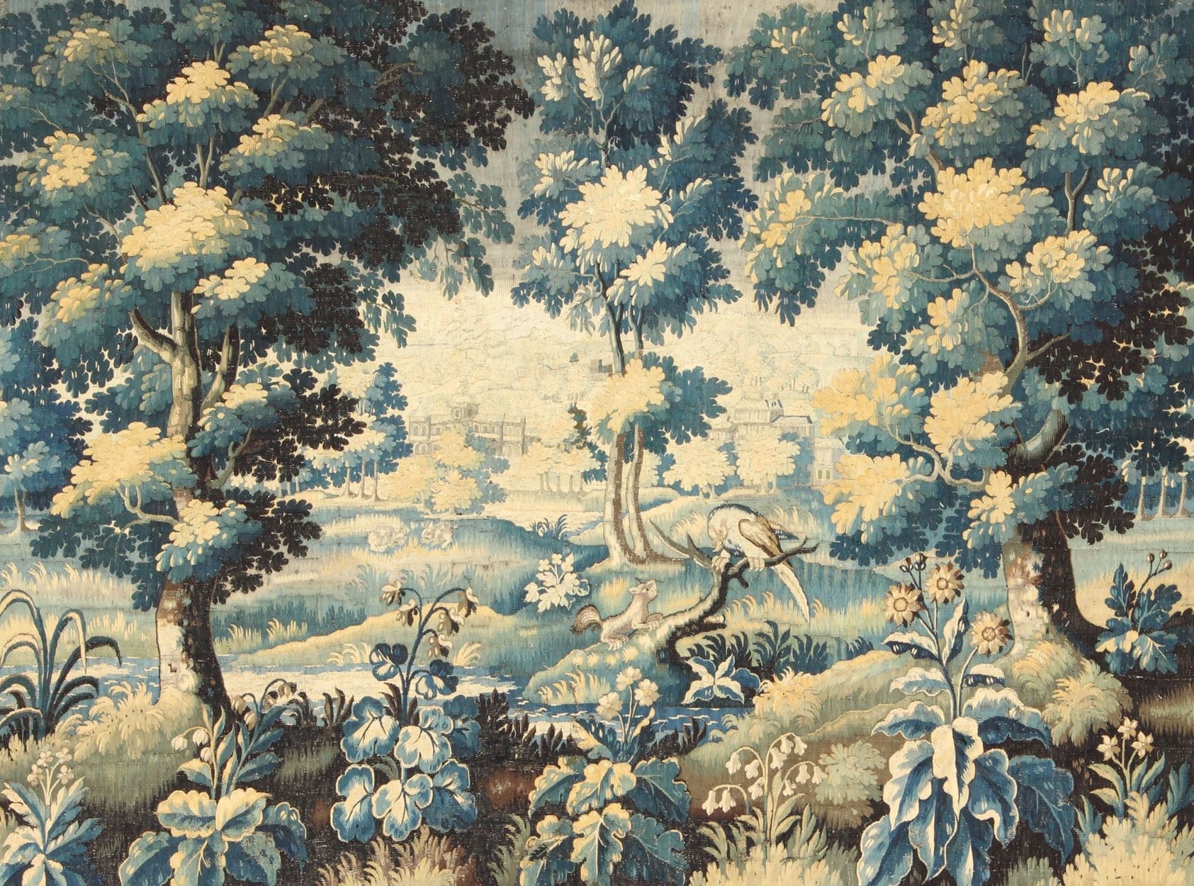 Late 17th century antique tapestry with woodland scene and floral border, rug 17 - 0401, country of origin / type: France / Adam style tapestry, circa late 17th century European Flemish tapestry. This enchanting antique Flemish tapestry (circa late 1... - Keivan Woven Arts17 - 0401 - 8627Rug