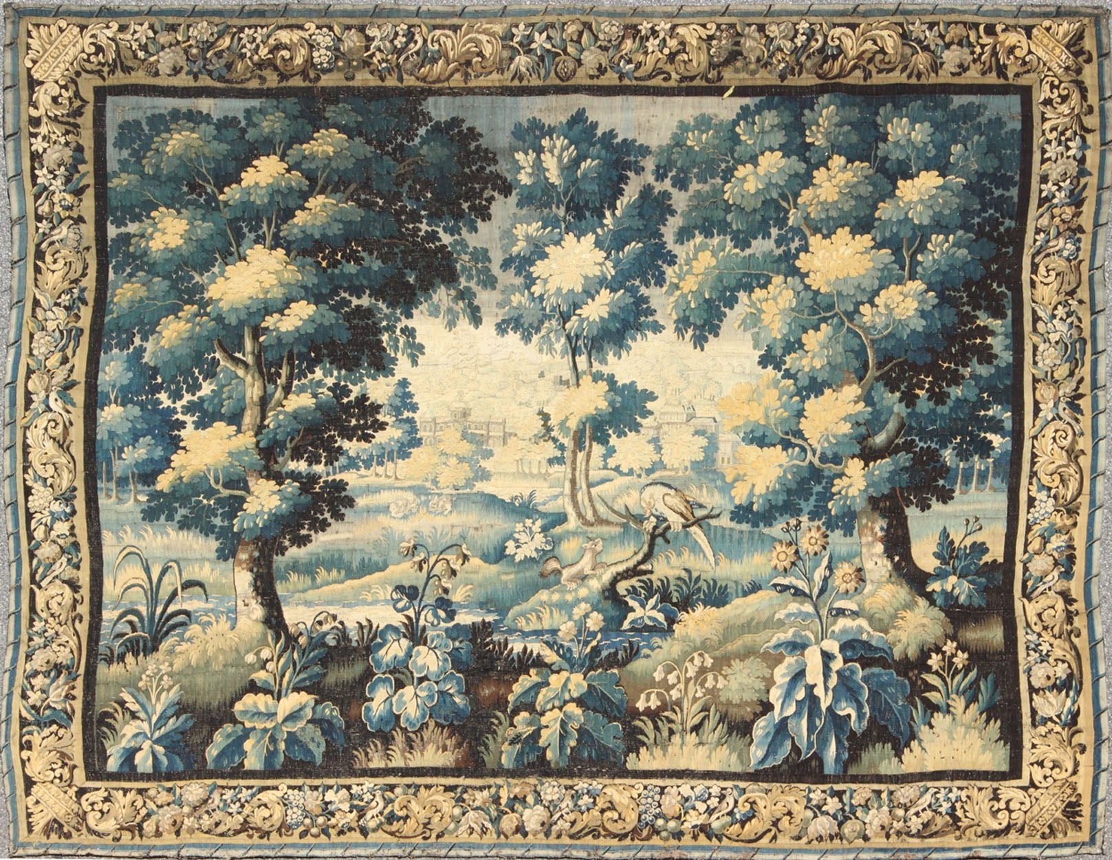Late 17th century antique tapestry with woodland scene and floral border, rug 17 - 0401, country of origin / type: France / Adam style tapestry, circa late 17th century European Flemish tapestry. This enchanting antique Flemish tapestry (circa late 1... - Keivan Woven Arts17 - 0401 - 8627Rug
