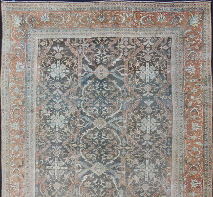 Very Large Distressed Antique Persian Sultanabad Rug in Gray, Charcoal, Burnt Orange, Acid Green Distressed antique Persian Mahal rug in charcoal, burnt orange, acid green, rug 17 - 0403, country of origin / type: Iran / Mahal, circa 1900 ... - Keivan Woven Arts17 - 0403 - 8587Rug