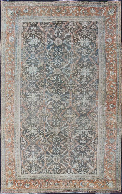 Very Large Distressed Antique Persian Sultanabad Rug in Gray, Charcoal, Burnt Orange, Acid Green Distressed antique Persian Mahal rug in charcoal, burnt orange, acid green, rug 17 - 0403, country of origin / type: Iran / Mahal, circa 1900 ... - Keivan Woven Arts17 - 0403 - 8587Rug