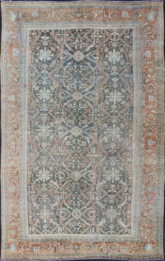 Very Large Distressed Antique Persian Sultanabad Rug in Gray, Charcoal, Burnt Orange, Acid Green Distressed antique Persian Mahal rug in charcoal, burnt orange, acid green, rug 17 - 0403, country of origin / type: Iran / Mahal, circa 1900 ... - Keivan Woven Arts17 - 0403 - 8587Rug