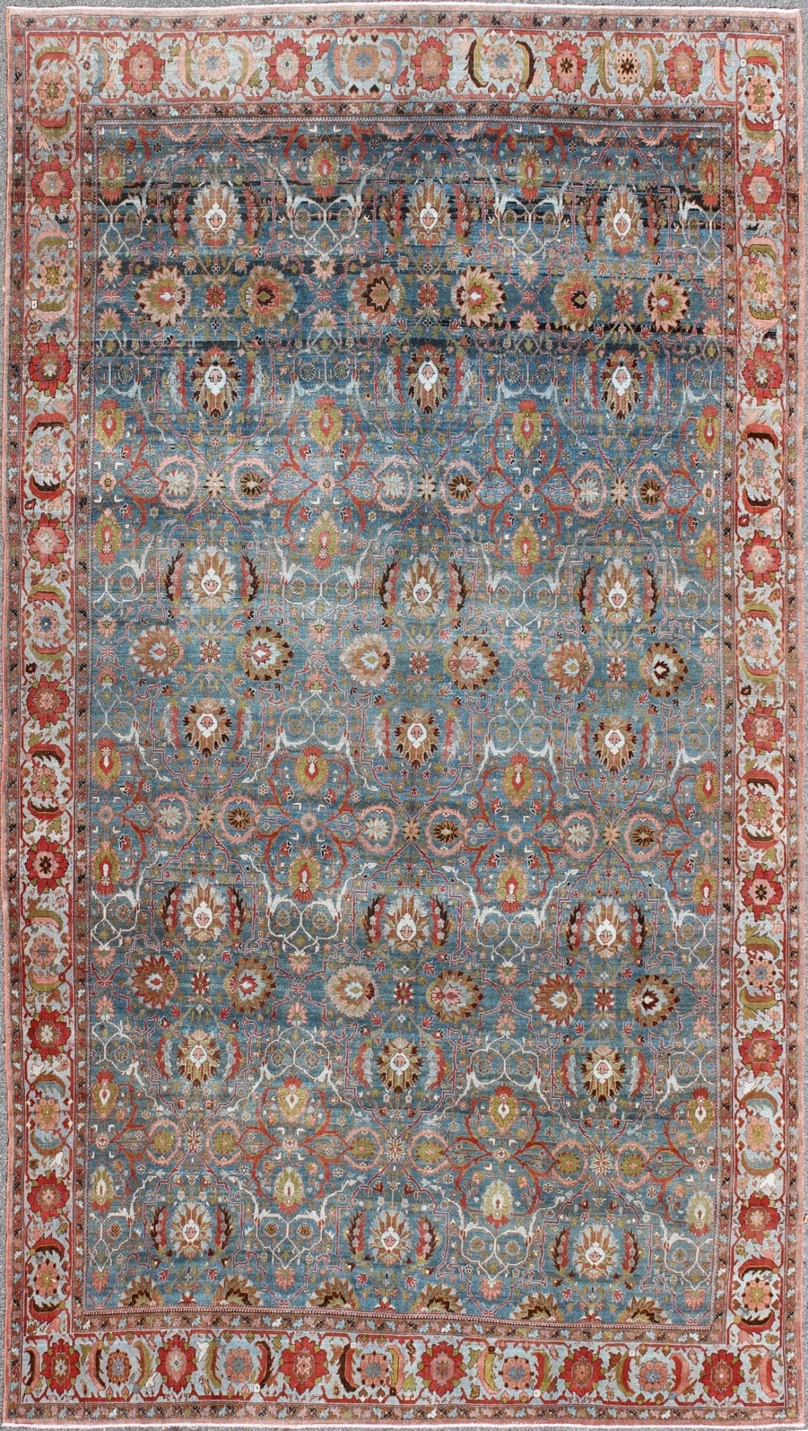 Antique Blue background Persian Malayer rug with colorful sub - geometric flowers, rug 17 - 0404, country of origin / type: Iran / Malayer, circa 1900 An amazing Antique Persian Malayer fine rug with Blue background and colorful sub - geometric flower... - Keivan Woven Arts17 - 0404 - 8731Rug