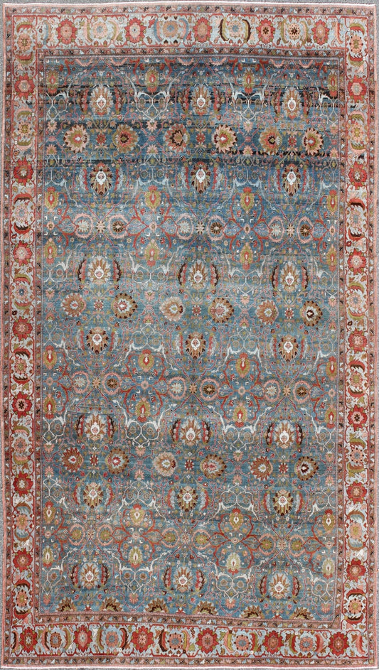 Antique Blue background Persian Malayer rug with colorful sub - geometric flowers, rug 17 - 0404, country of origin / type: Iran / Malayer, circa 1900 An amazing Antique Persian Malayer fine rug with Blue background and colorful sub - geometric flower... - Keivan Woven Arts17 - 0404 - 8731Rug