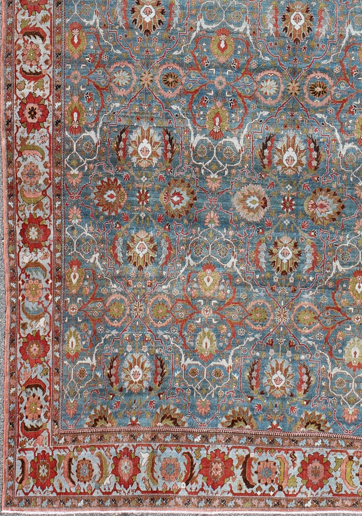 Antique Blue background Persian Malayer rug with colorful sub - geometric flowers, rug 17 - 0404, country of origin / type: Iran / Malayer, circa 1900 An amazing Antique Persian Malayer fine rug with Blue background and colorful sub - geometric flower... - Keivan Woven Arts17 - 0404 - 8731Rug