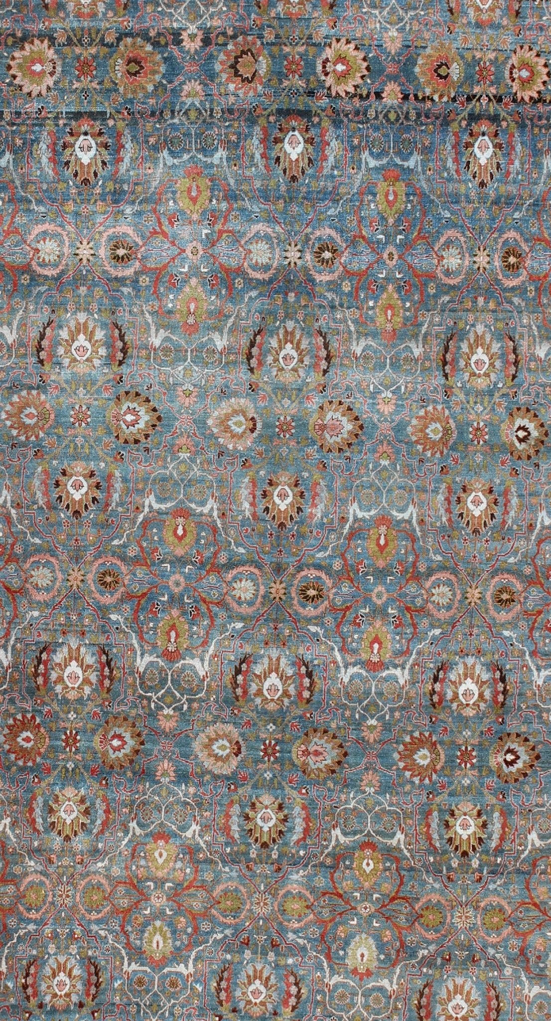 Antique Blue background Persian Malayer rug with colorful sub - geometric flowers, rug 17 - 0404, country of origin / type: Iran / Malayer, circa 1900 An amazing Antique Persian Malayer fine rug with Blue background and colorful sub - geometric flower... - Keivan Woven Arts17 - 0404 - 8731Rug