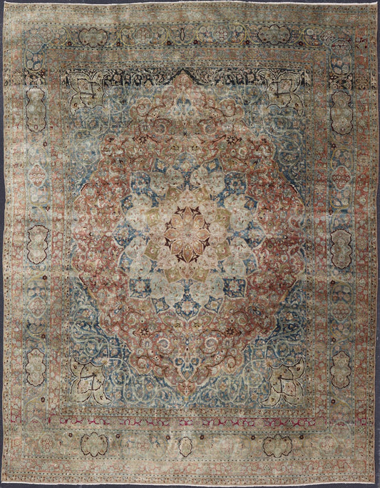 Large antique Persian Mashhad carpet with colorful floral and medallion design. Persian Mashhad floral design. Keivan Woven Arts / rug 17 - 0602, country of origin / type: Iran / Mashhad, circa 1930 Measures: 12'11 x 16'3 Soft to the touc... - Keivan Woven Arts17 - 0602 - 8563