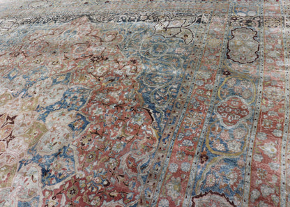 Large antique Persian Mashhad carpet with colorful floral and medallion design. Persian Mashhad floral design. Keivan Woven Arts / rug 17 - 0602, country of origin / type: Iran / Mashhad, circa 1930 Measures: 12'11 x 16'3 Soft to the touc... - Keivan Woven Arts17 - 0602 - 8563Rug