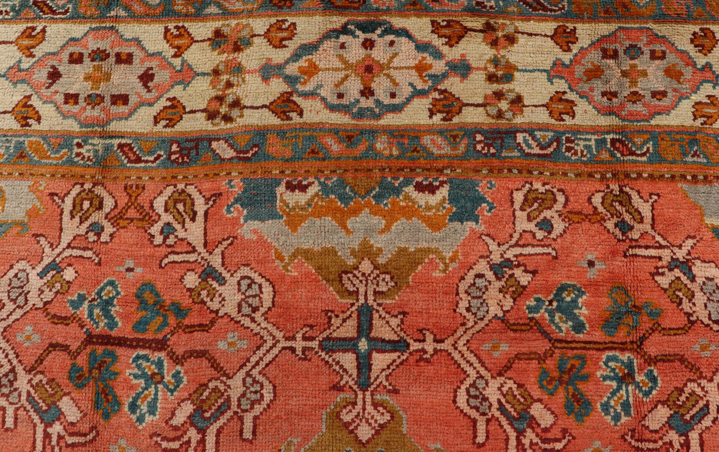 Antique Turkish Oushak rug with Large Scale sub floral design in light tangerine/terracotta background. Keivan Woven Arts / rug 17 - 0605, country of origin / type: Turkey / Oushak, circa 1910. Measures: 10'6 x 14'6. This antique Turkish Oushak ca... - Keivan Woven Arts17 - 0605 - 8739Rug