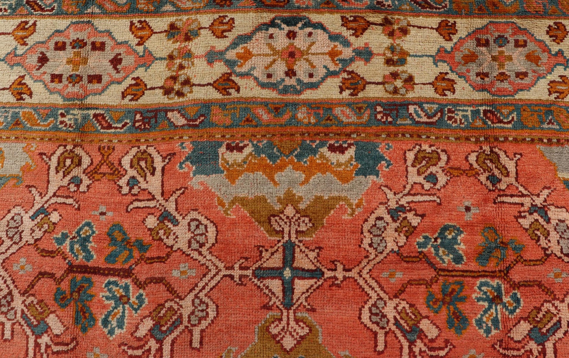 Antique Turkish Oushak rug with Large Scale sub floral design in light tangerine/terracotta background. Keivan Woven Arts / rug 17 - 0605, country of origin / type: Turkey / Oushak, circa 1910. Measures: 10'6 x 14'6. This antique Turkish Oushak ca... - Keivan Woven Arts17 - 0605 - 8739Rug