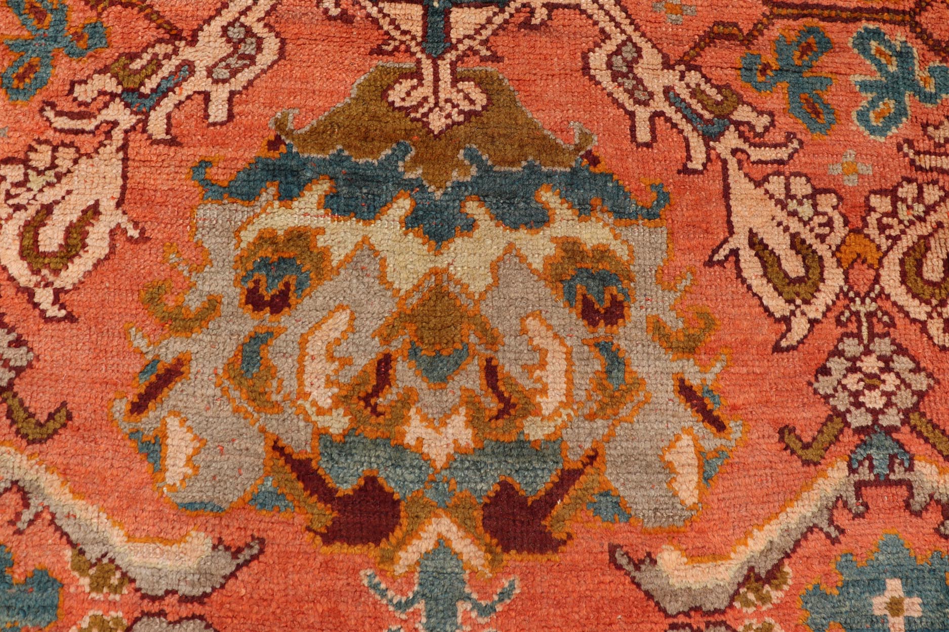 Antique Turkish Oushak rug with Large Scale sub floral design in light tangerine/terracotta background. Keivan Woven Arts / rug 17 - 0605, country of origin / type: Turkey / Oushak, circa 1910. Measures: 10'6 x 14'6. This antique Turkish Oushak ca... - Keivan Woven Arts17 - 0605 - 8739Rug