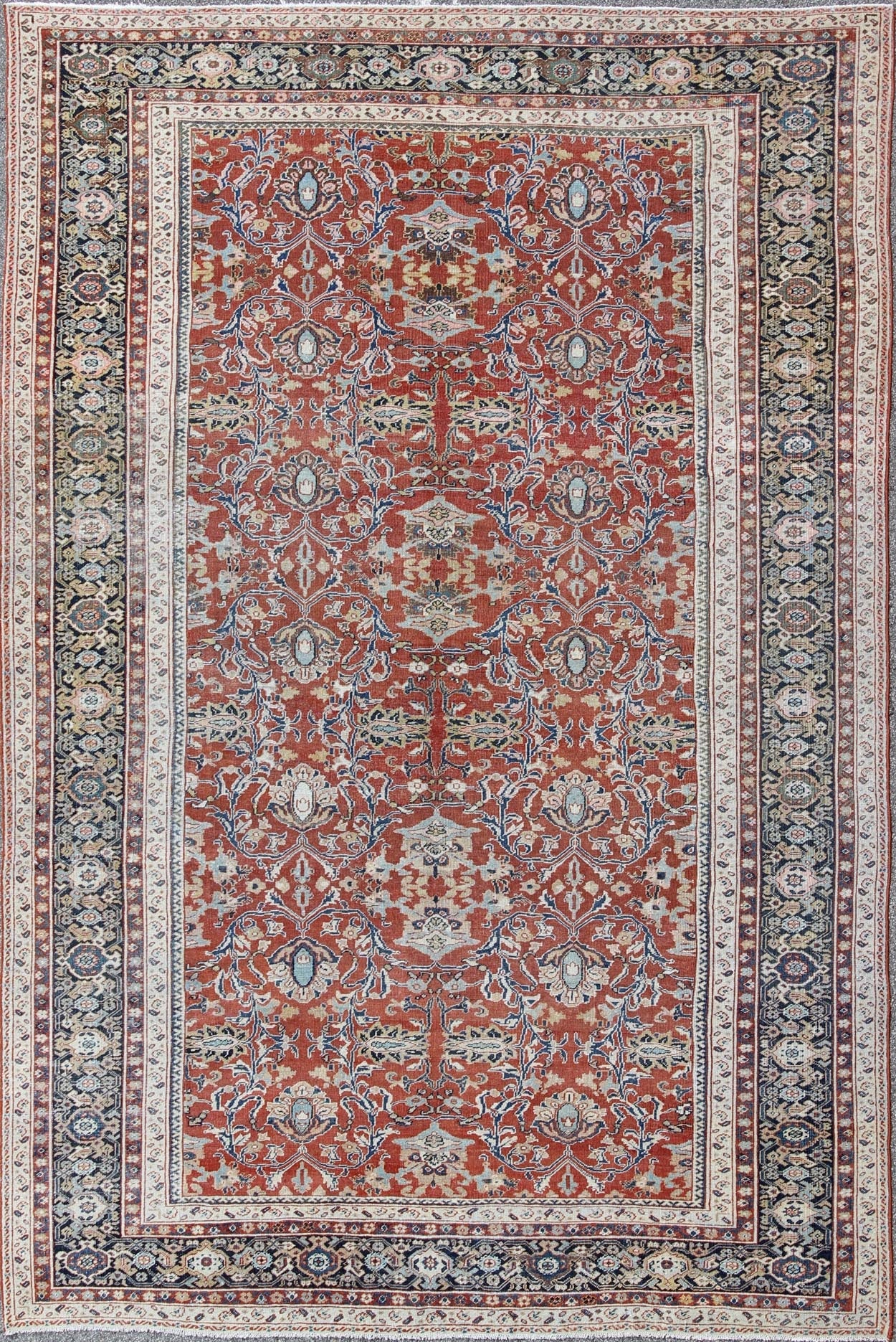 Antique Sultanabad Rug with Large Flower Design in Soft Red Field & Multi Colors. All Over Design Antique Sultanabad Rug. Keivan Woven Arts / rug /17 - 0606, country of origin / type: Iran / Sultanabad , circa 1900. Measures: 9'7 x 13'10 ... - Keivan Woven Arts17 - 0606 - 8595Rug