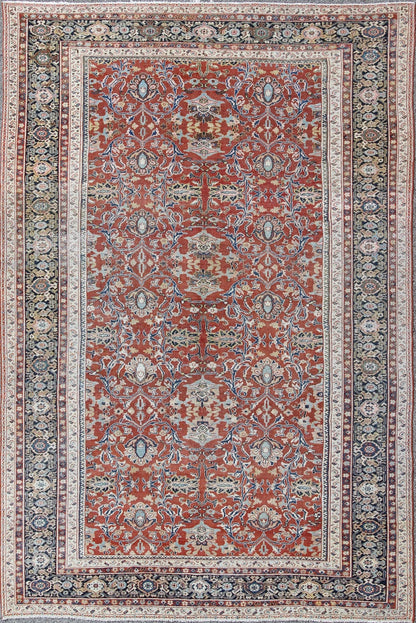 Antique Sultanabad Rug with Large Flower Design in Soft Red Field & Multi Colors. All Over Design Antique Sultanabad Rug. Keivan Woven Arts / rug /17 - 0606, country of origin / type: Iran / Sultanabad , circa 1900. Measures: 9'7 x 13'10 ... - Keivan Woven Arts17 - 0606 - 8595Rug