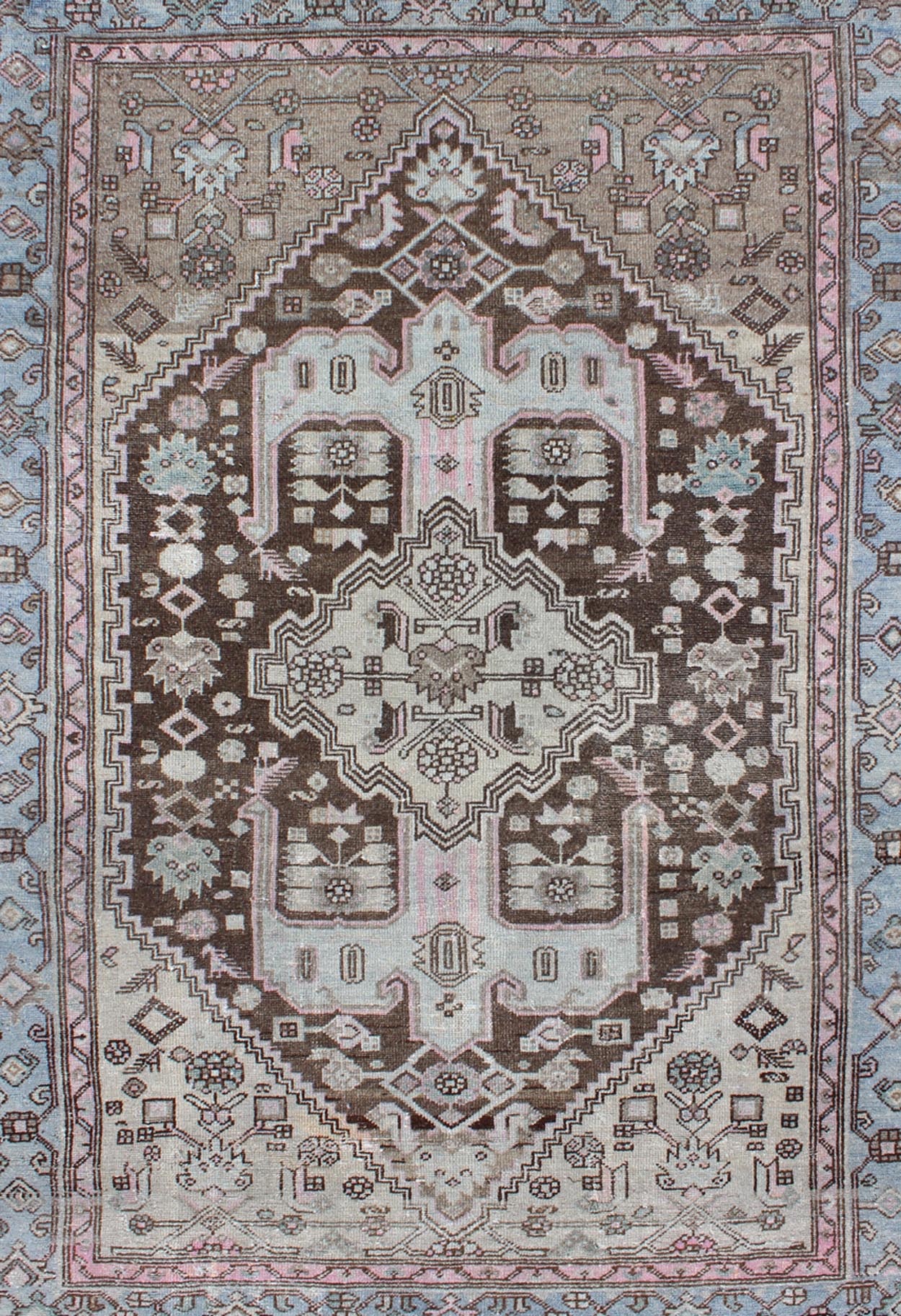 Keivan Woven Arts, 17 - 0702, Early 20th Century Antique Hamadan Rug.Antique Hamadan rug with geometric medallion in blue, pink, chocolate, rug 17 - 0702, country of origin / Hamadan, circa 1930. This magnificent Hamadan features beautiful coloratio... - Keivan Woven Arts17 - 0702 - 8745Rug