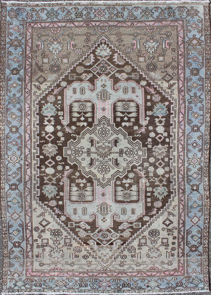 Keivan Woven Arts, 17 - 0702, Early 20th Century Antique Hamadan Rug.Antique Hamadan rug with geometric medallion in blue, pink, chocolate, rug 17 - 0702, country of origin / Hamadan, circa 1930. This magnificent Hamadan features beautiful coloratio... - Keivan Woven Arts17 - 0702 - 8745Rug