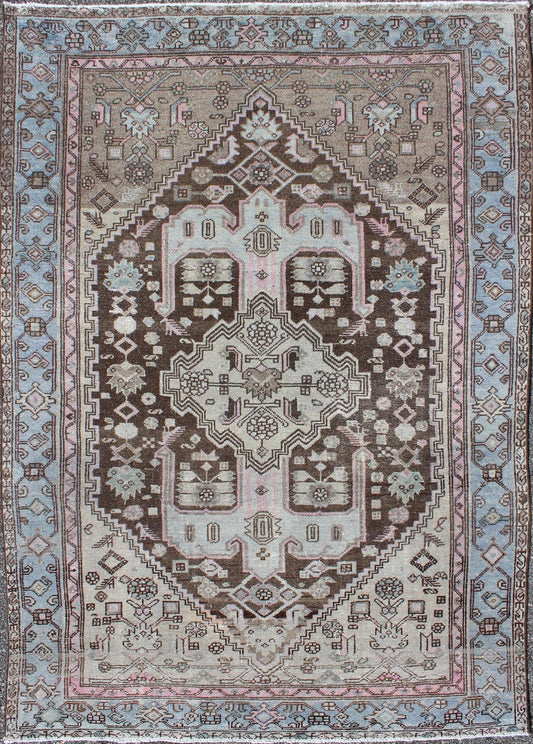 Keivan Woven Arts, 17 - 0702, Early 20th Century Antique Hamadan Rug.Antique Hamadan rug with geometric medallion in blue, pink, chocolate, rug 17 - 0702, country of origin / Hamadan, circa 1930. This magnificent Hamadan features beautiful coloratio... - Keivan Woven Arts17 - 0702 - 8745Rug