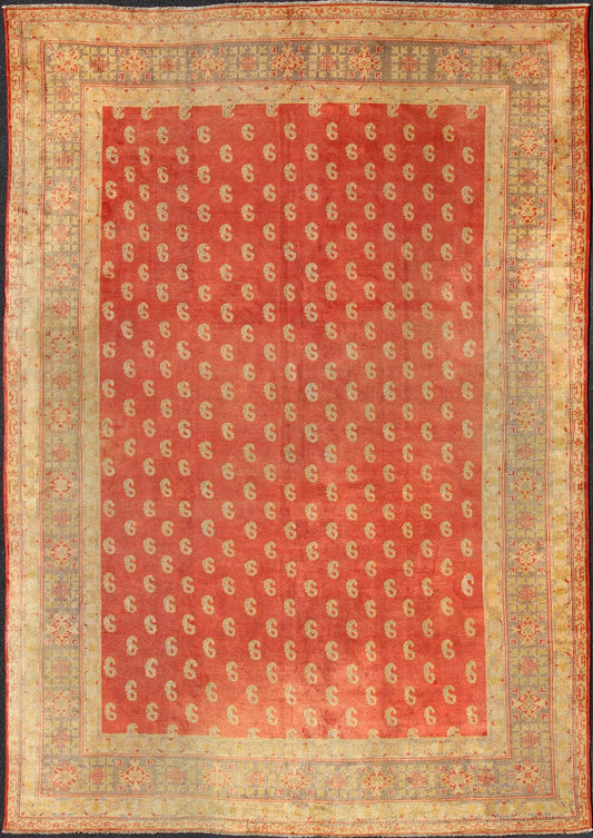 Antique Turkish Oushak Rug with All - Over Design with Red, Light Green and Gold. Antique Turkish Oushak rug with all - over design with red, light green and gold. Turkish Oushak antique carpet in red. Keivan Woven Arts / rug 17 - 0801, country of or... - Keivan Woven Arts17 - 0801 - 8851Rug