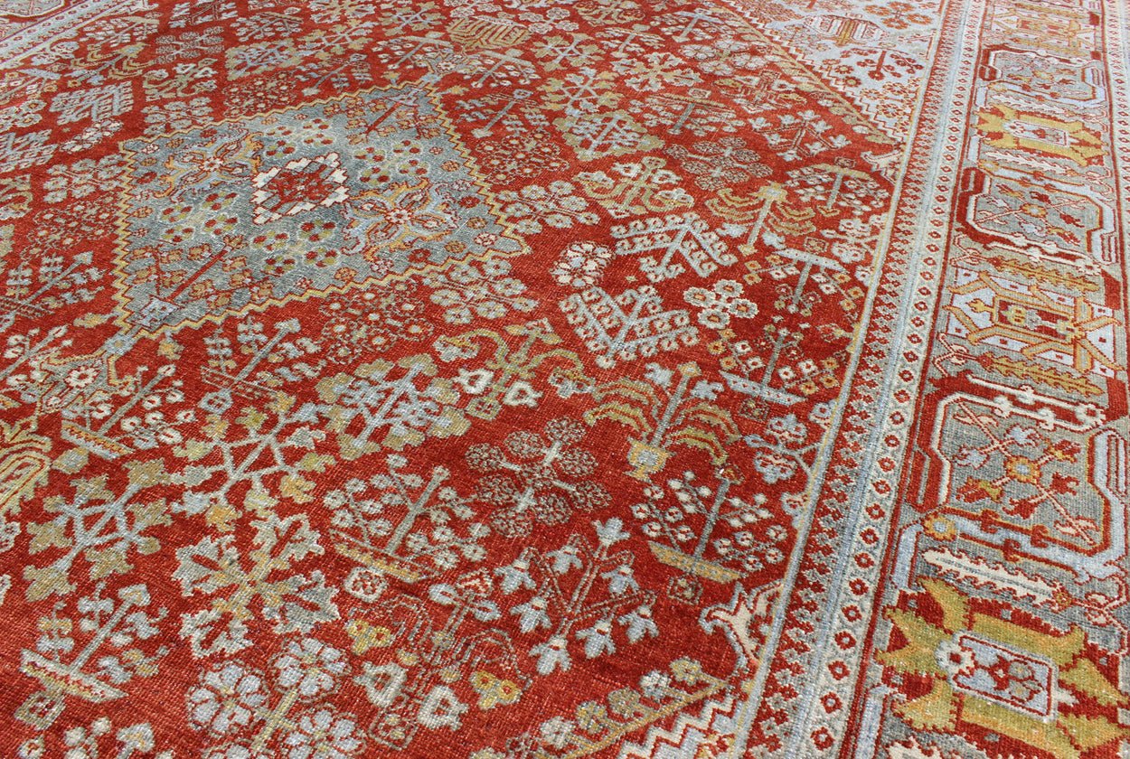 Antique Persian Joshegan Rug with Geometric Medallion Design in Rust and Ivory. Antique Persian Joshegan rug with geometric medallion design in rust/red and ivory, Keivan Woven Arts / rug 17 - 0807, country of origin / type: Iran / Joshegan, circa... - Keivan Woven Arts17 - 0807 - 9380Rug