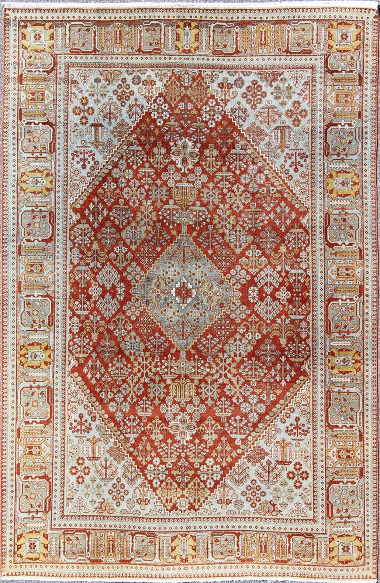 Antique Persian Joshegan Rug with Geometric Medallion Design in Rust and Ivory. Antique Persian Joshegan rug with geometric medallion design in rust/red and ivory, Keivan Woven Arts / rug 17 - 0807, country of origin / type: Iran / Joshegan, circa... - Keivan Woven Arts17 - 0807 - 9380Rug