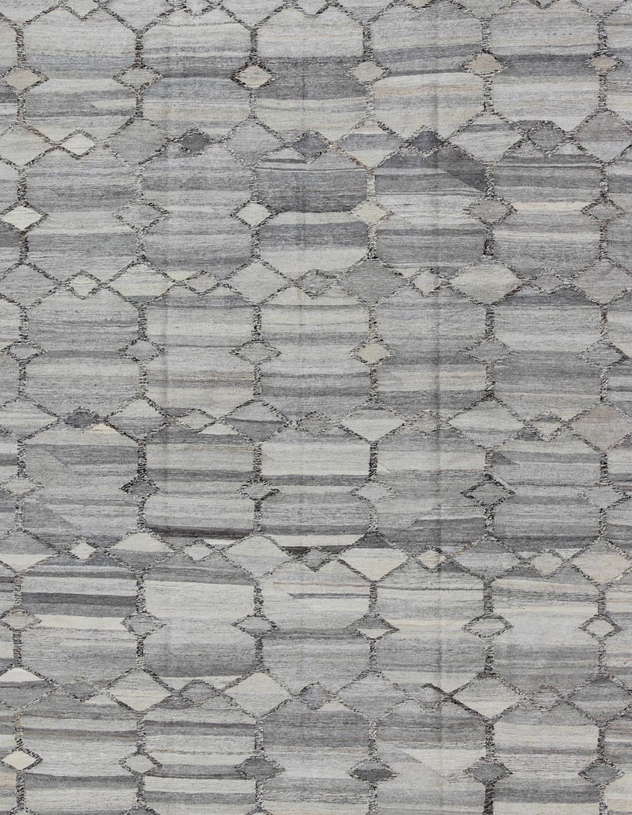 Versatile and neutral color - tone flat - weave Kilim for a Modern interiors as well a casual interiors. Keivan Woven Arts/ rug 17 - 0908, country of origin / type: Afghanistan / Kilim Measures: 7'9 x 9'9 with a Minimalist floor design this sil... - Keivan Woven Arts17 - 0908 - 8869Rug